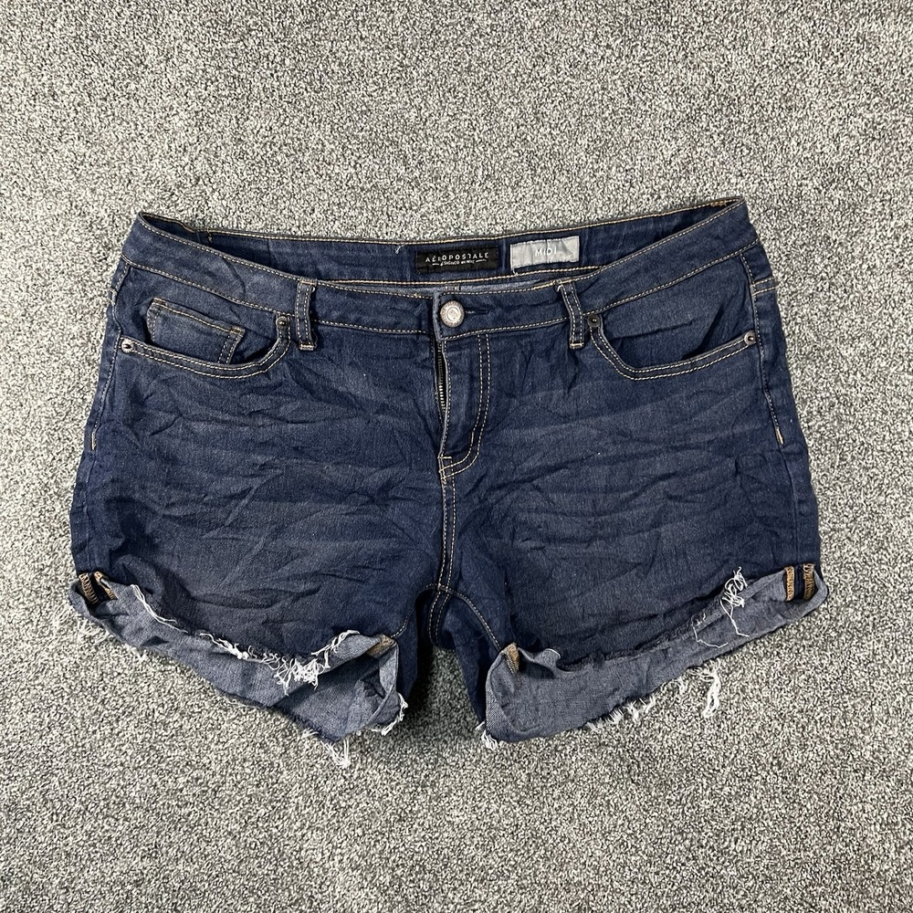 Aeropostale Women's Size 12 Midi Denim Shorts Dark Wash Frayed Hem